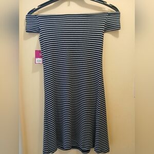 So ribbed black and white striped off-the-shoulder dress